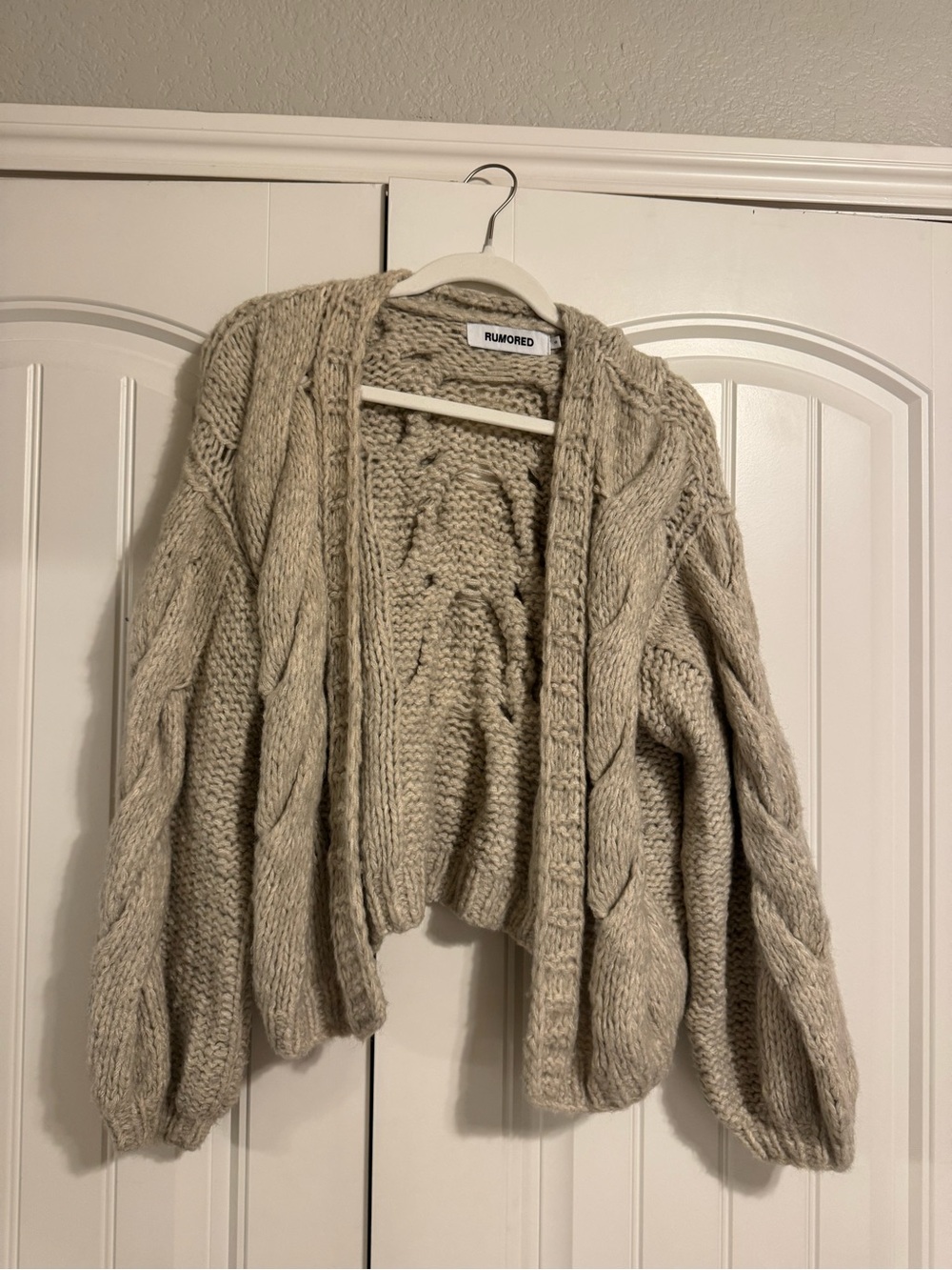 Rumored Chunky Cable Knit Open Front Cardigan in Oatmeal